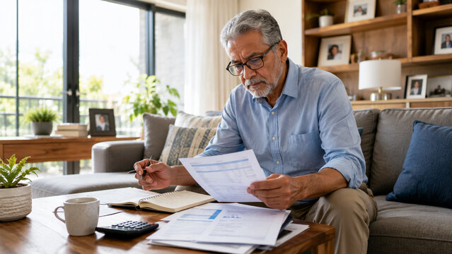 Senior man reviewing bills and financial documents at home, managing expenses, budgeting, retirement planning, and personal finances.