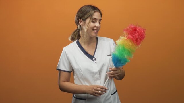 Young blonde woman cleaner holding rainbow feather duster with both hands, smiling and looking at duster in studio; cheerful care.