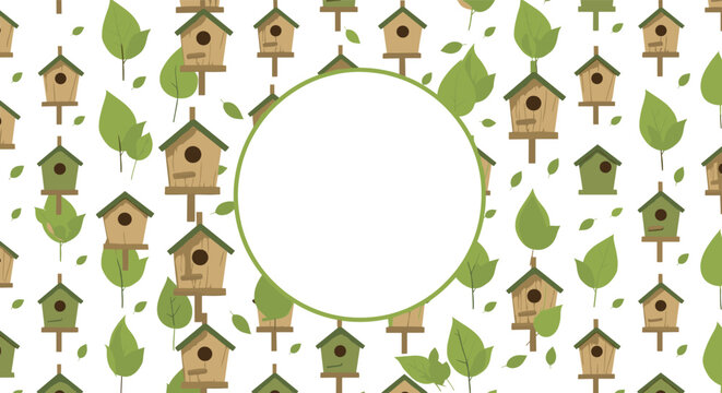 Charming pattern of various wooden birdhouses and green leaves with a large central white circle for text or logo placement.