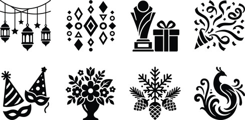 Fototapeta premium Decorative Celebration and Holiday Icon Collection with Lantern Trophy Floral and Festive Elements