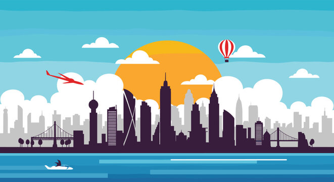 Vibrant urban city skyline silhouette with skyscrapers at sunset featuring an airplane, a hot air balloon, and a boat on the water.