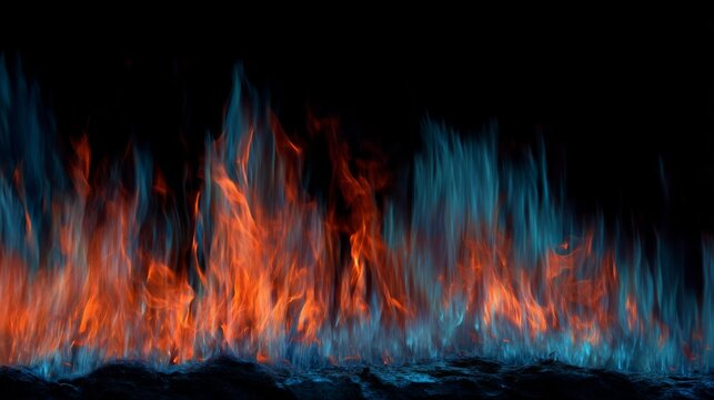 Vibrant Flames in Vivid Colors with Blue and Orange Hues Dancing Against a Dark Background for Dramatic Impact and Visual Interest