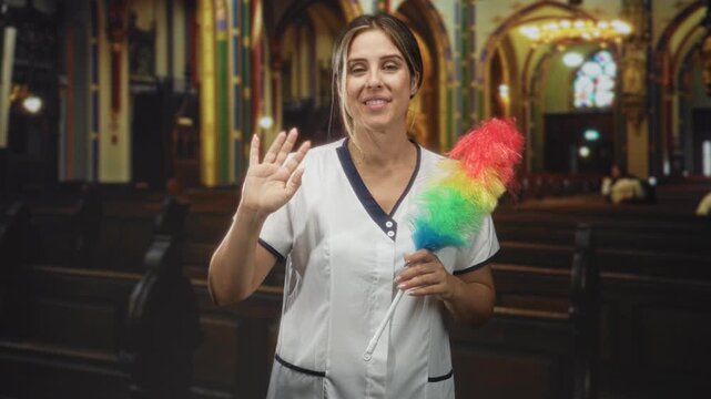 Woman in cleaning uniform holding rainbow feather duster waves right hand inside church building with pews and stained glass; welcoming warmth.