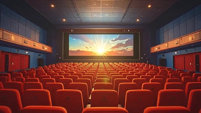 An empty movie theater with rows of red seats facing a large glowing screen