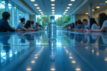 Fototapeta premium A bottle of water is sitting on a table in front of a group of people