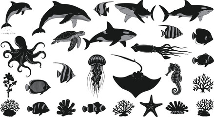 Marine Life Vector Collection with Sharks Whale Dolphin Octopus Sea Turtle Stingray Jellyfish and Coral Reef Elements for Ocean Conservation Project Graphic Designs © Ashik 