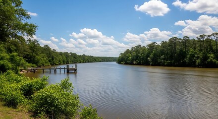 Fototapeta premium Scenic river view with lush green trees and a clear blue sky on a sunny day