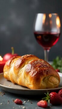 Close up challah, wine glass, lit candles, grey background , Copy Space, Minimalist