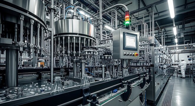 Modern beverage bottling production line in industrial facility at night