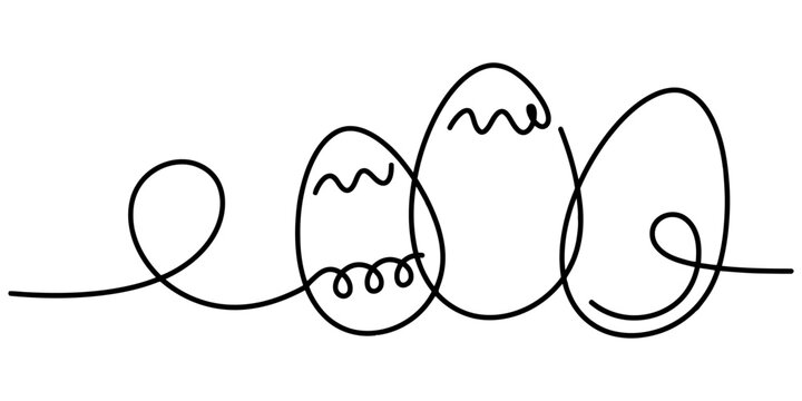 Three easter eggs drawn with a single continuous black line Vector, illustration