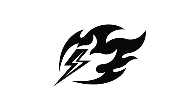 Stylized tribal flame tattoo design incorporating a lightning bolt symbol in solid black and white for a powerful and energetic brand identity.
