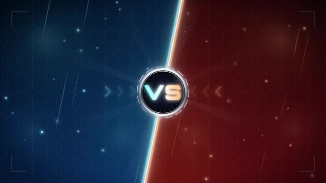 Versus battle screen with blue and red split background and glowing VS badge competition intro