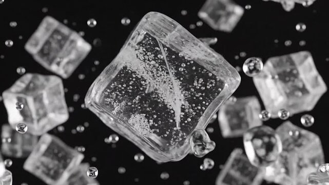 Clear ice cubes floating in liquid with many small bubbles against a dark background