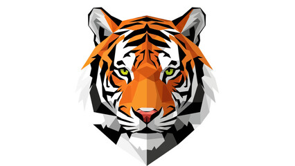 Low-poly geometric tiger head with striking orange, black, white, and green details © huj