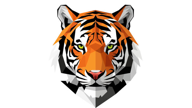 Low-poly geometric tiger head with striking orange, black, white, and green details