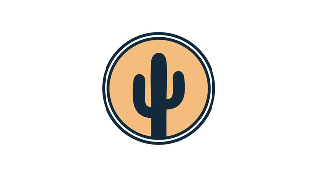 A minimalist, stylized cactus silhouette within a circle with a light brown fill and dark border
