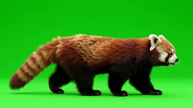 Red panda walking across a green screen background in a side view profile animation.