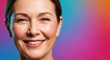 Naklejka premium Radiant mature face with warm expressive eyes and rosy cheeks, showcasing timeless beauty and elegant aging through a gentle, joyful smile, aging, wrinkles, happiness