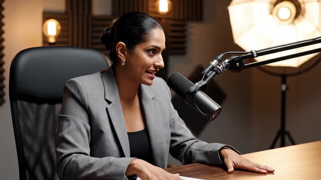 Professional woman in a grey blazer talks into a studio microphone. She gestures with her hands while recording a podcast in a warm studio. Use for broadcasting or business communication.