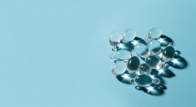 Translucent Gel Capsules with Water Droplets on Blue Surface Supplement Wellness Medicine Healthy Lifestyle Vitamin Transparent Capsules Aqua