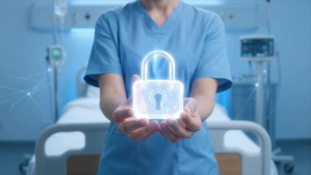 Healthcare Cybersecurity Healthcare security data privacy protection cyber nurse technology hospital safety concept with medical room and digital padlock hologram symbol showing modern clinic