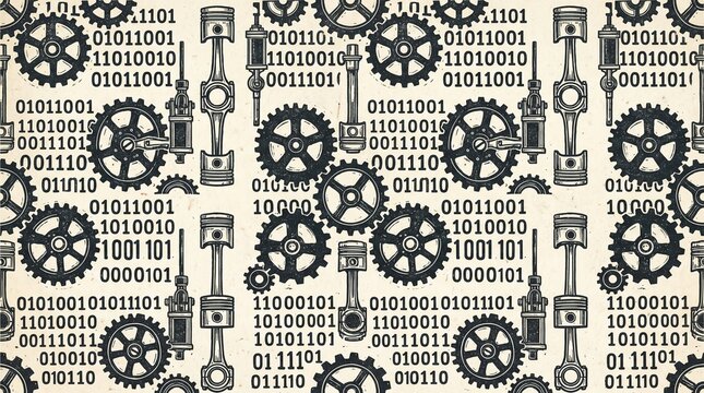Vintage Block Print Seamless Pattern with Gears and Binary Code