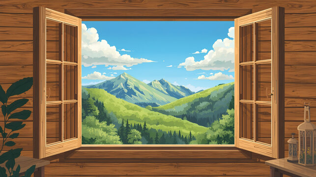 窓から眺める夏の山々