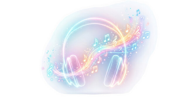 Vibrant headphones with colorful music notes on transparent background