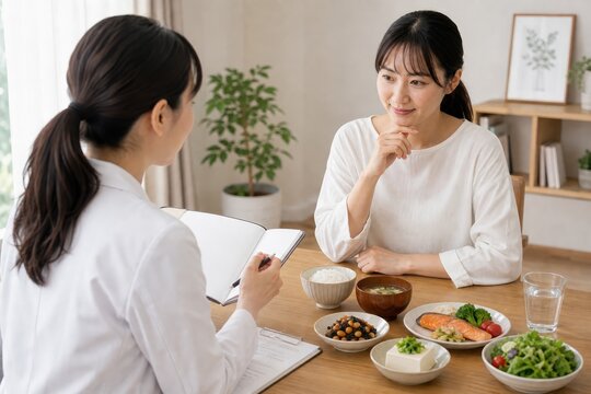 食卓で栄養相談を受ける女性の健康管理