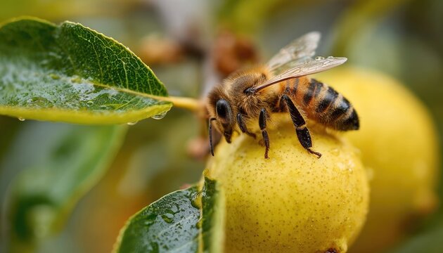 A bee crawling on a fresh yellow pear, fruit still attached to tree, garden pests or pollination concept, macro shot