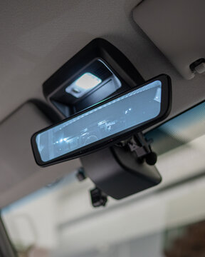 Close Up of Modern Car Rearview Mirror Display.