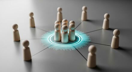 Obraz premium Wooden Figures in a Circle, Representing Connection, Networking and Community on Gray Backdrop, Teamwork, Cooperation, Organization