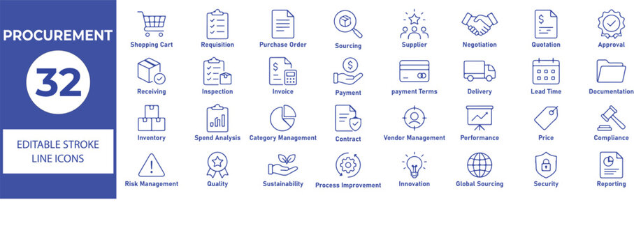32 Procurement Vector Outline Icons Set &ndash; Editable Purchasing, Supply Chain, Vendor Management and Sourcing Line Symbols Collection