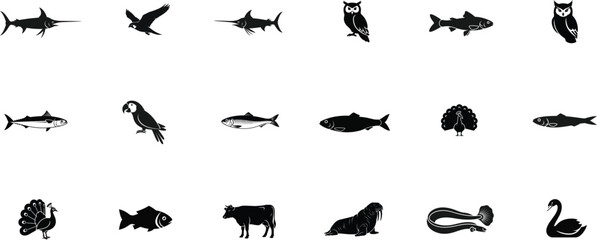 Fototapeta premium Animal silhouettes, black icons, fish, birds, mammals, vector graphics