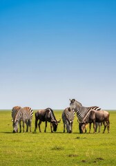 Fototapeta premium Striped zebras and wildebeests graze peacefully together across a vast, lush green meadow under a bright, clear blue sky in the wild, outdoor, safari, green