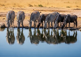 Obraz premium Striped zebras and dark wildebeests gather at a transparent freshwater spring to drink, reflecting on the calm surface in the wild savanna, wildebeest, fur, serene