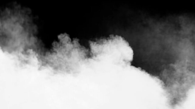 Dense White Smoke Blowing Sideways Isolated on Black Background. Steam Overlay