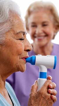 Senior Respiratory Care Elderly Woman Using Spirometer for Lung Function Testing Healthcare Wellness Content Vertical. Video. Portrait Orientation.