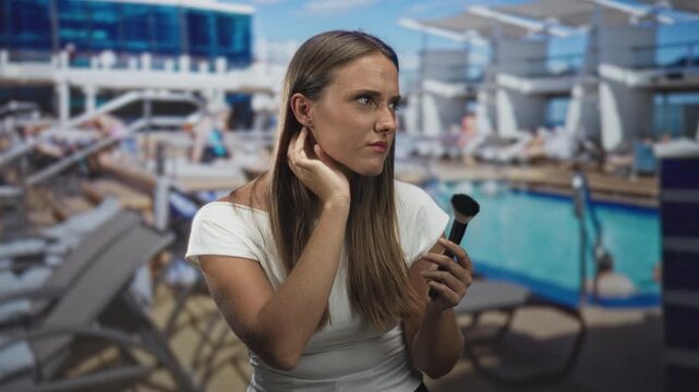Young brunette woman holding makeup brush and touching her ear by a pool on a building deck; self care pensive.