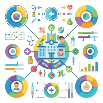 Colorful medical infographic with charts and hospital icons