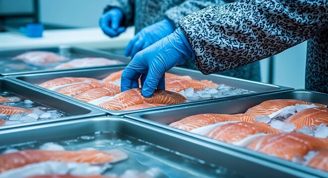 Gloved hand sorting fresh salmon fillets in industrial kitchen workspace