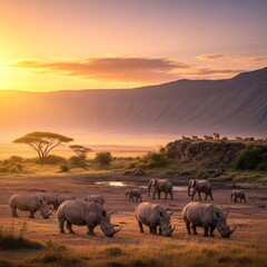 Fototapeta premium Wide volcanic caldera teeming with diverse wildlife including rhinos, elephants, and lions under a brilliant golden sunrise glow in nature, travel, lush, environment