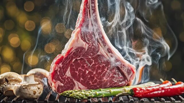 Close up of premium raw beef steak grilling with dense rising smoke