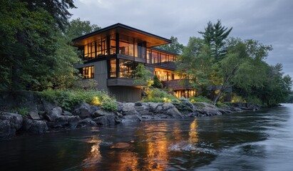 Naklejka premium Modern home with large windows nestled by rocky shore and serene water