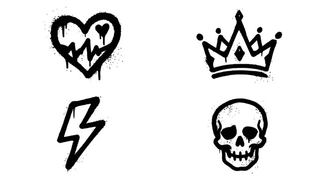 Black spray paint graffiti icons on a white background