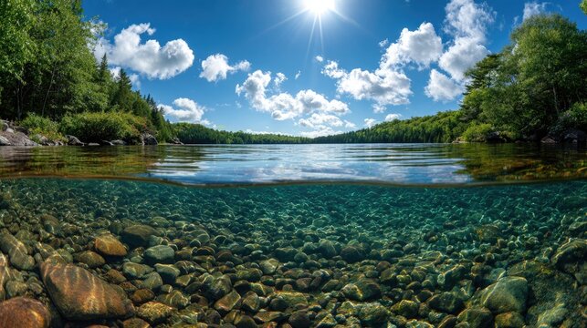 Serene split view of a sunlit forest lake, above water and clear rocky bottom