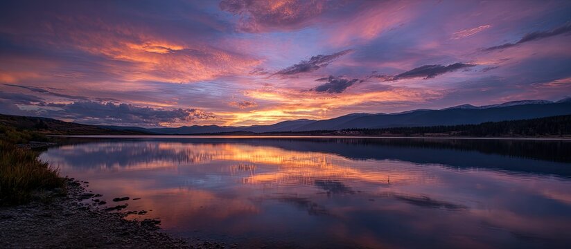 Vivid sky ablaze with sunset colors reflects on a calm lake, mountains in distance