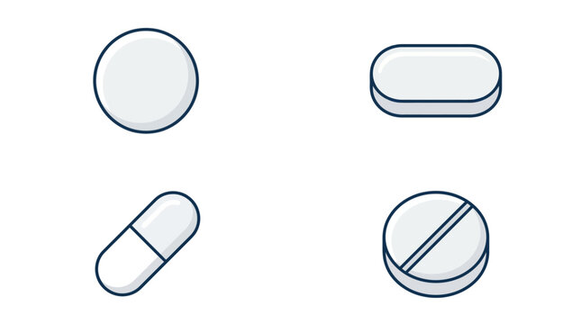 A collection of various white medical pills on white background