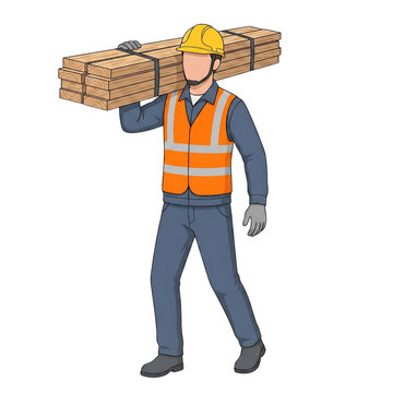 Construction Worker Carrying Lumber on Shoulder Wearing PPE, Safe Manual Material Handling Vector Illustration