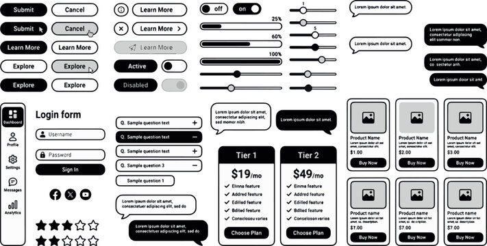 Collection of monochrome user interface web design elements and website components with interface template navigation development application software minimalist monochrome experience